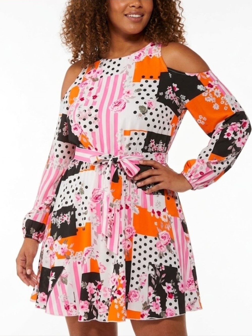 Cato Multicolor Polka-dot Floral Patchwork Cold Shoulder Dress
